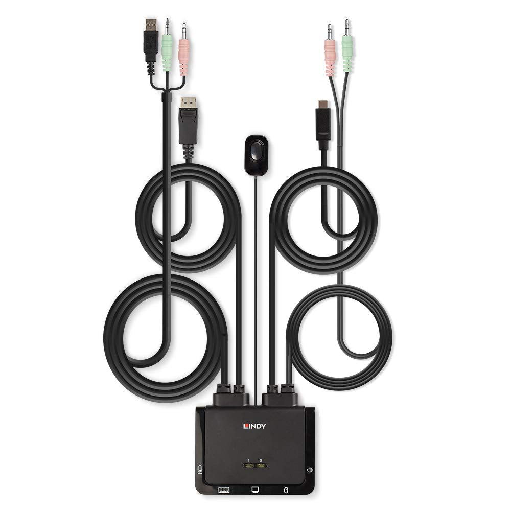 LINDY 2 Port DisplayPort 1.2, USB Type C, USB 2.0 & Audio Cable KVM Switch