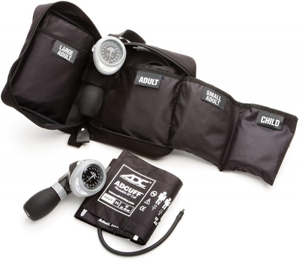 ADC Multikuf 732 4-Cuff EMT Kit with 804 Portable Palm Aneroid Sphygmomanometer, Child, Small Adult, Adult and Large Adult Blood Pressure Cuffs (13-50 cm), Nylon Zipper Storage Case, Black