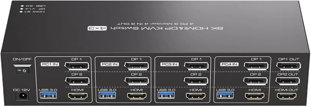 8K HDMI + 2 Displayport KVM Switch 3 Monitors 4 Computers USB 3.0 KVM Switches for 4 PC Share Triple Monitor and 4 USB 3.0 Ports(US Power Plug)