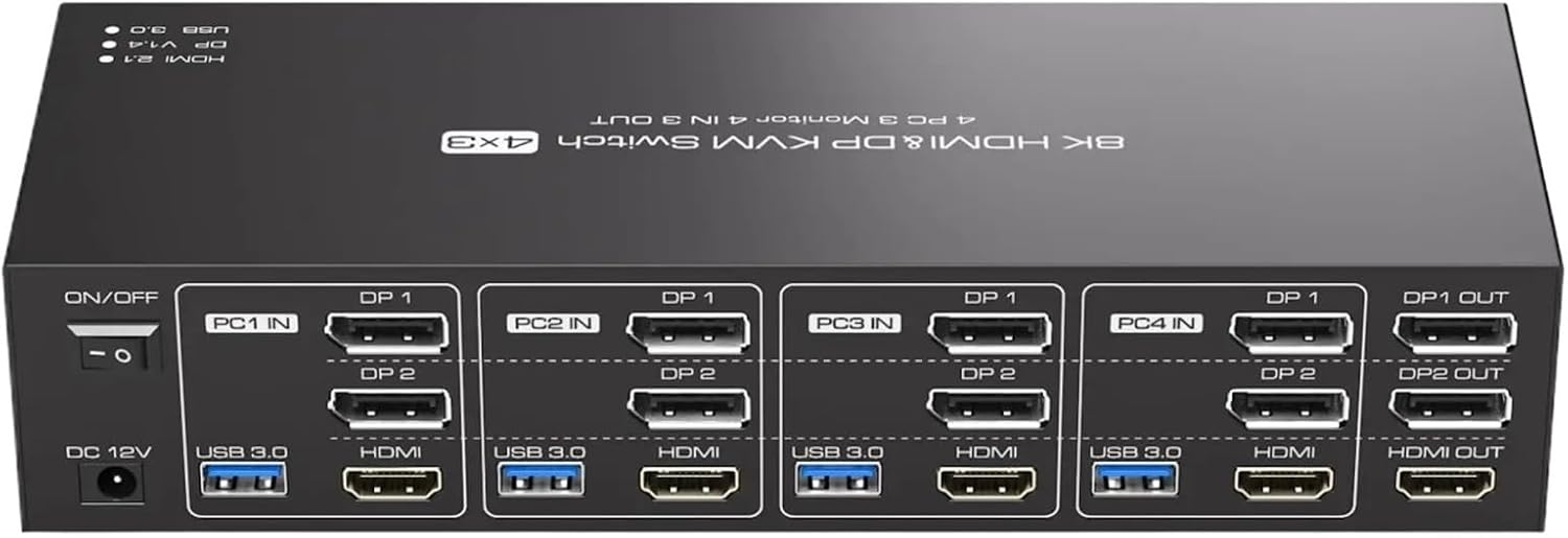 8K HDMI + 2 Displayport KVM Switch 3 Monitors 4 Computers USB 3.0 KVM Switches for 4 PC Share Triple Monitor and 4 USB 3.0 Ports(US Power Plug)