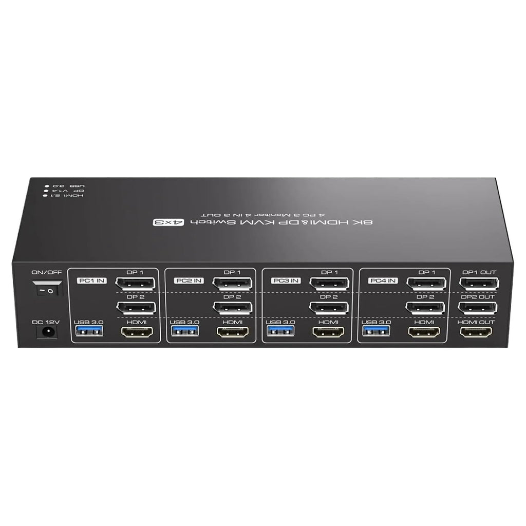 8K HDMI + 2 Displayport KVM Switch 3 Monitors 4 Computers USB 3.0 KVM Switches for 4 PC Share Triple Monitor and 4 USB 3.0 Ports(EU Power Plug)
