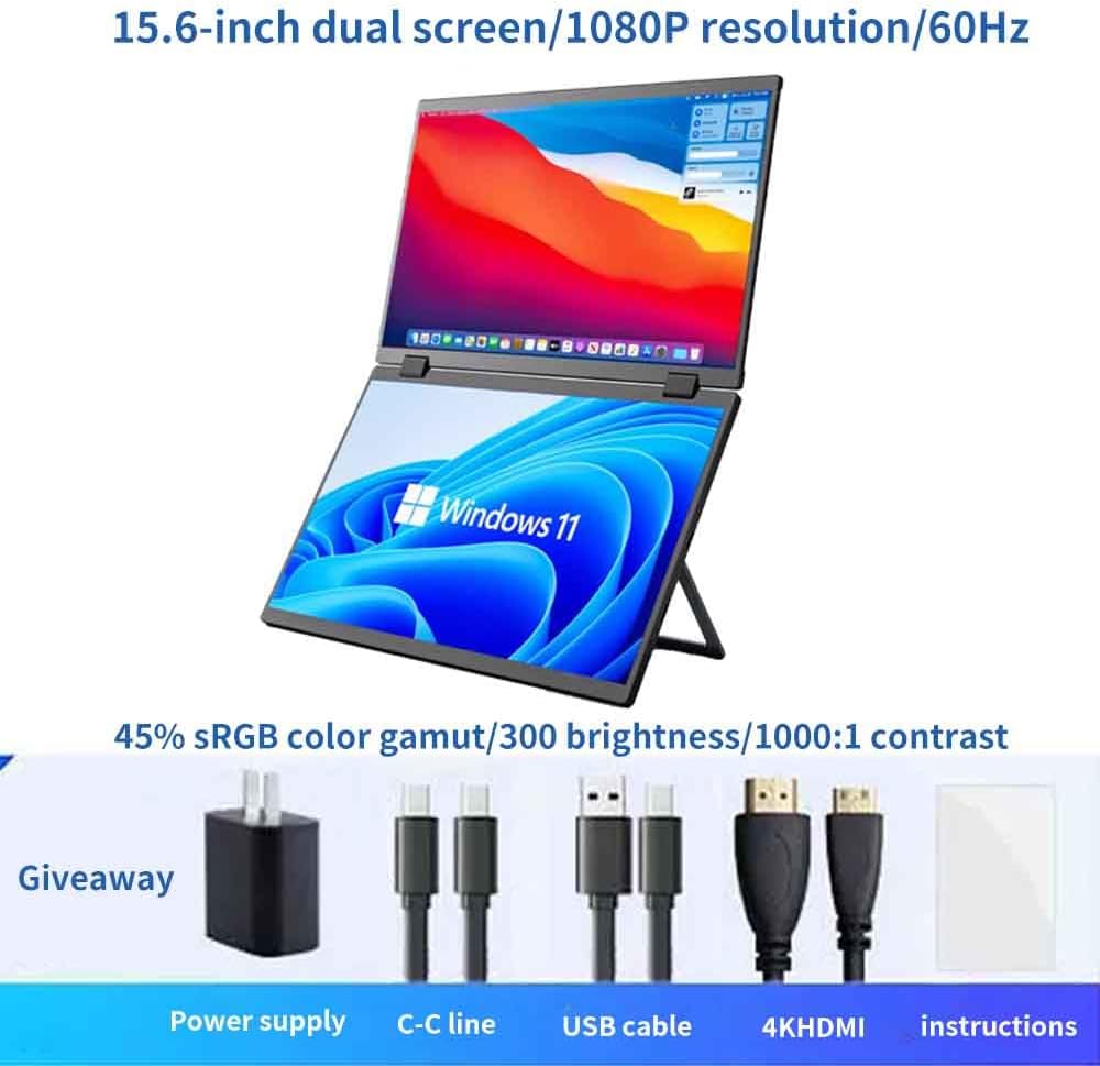 Triple Laptop Screen Extender, 15.6' 1080P FHD IPS Folding Stacked Portable Dual Monitor, USB C Travel Extended Computer Display w/VESA, 180°Rotation, Plug & Play for Laptops (Wins Only)