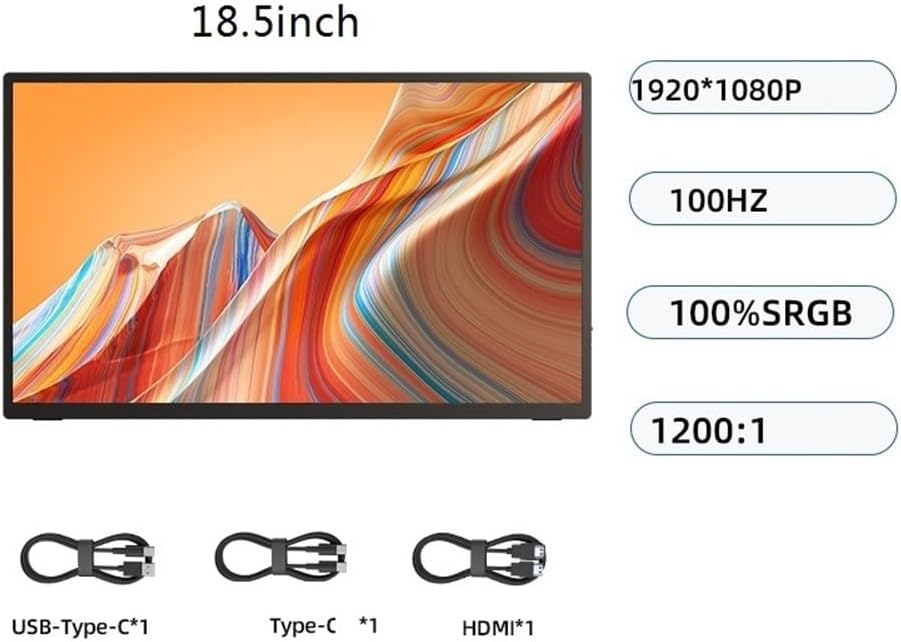 Portable Monitor for Laptop 18.5 Inch Gaming Audio and Video Computer External Expansion Secondary Screen 1080HD Non-Touch 100hz Portable Monitor Portable Gaming Monitor
