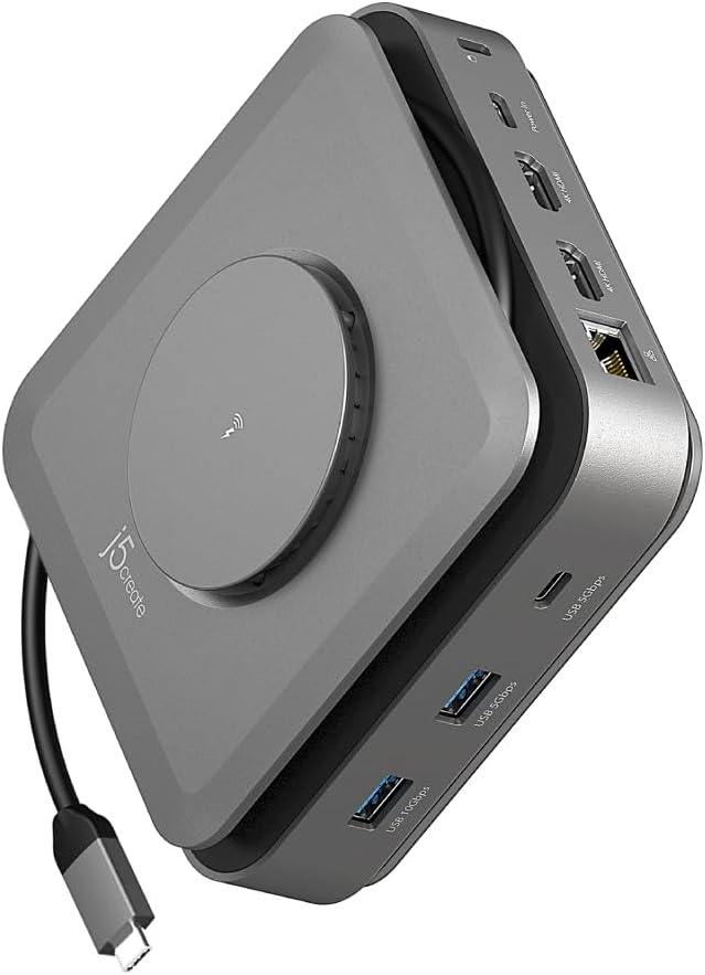 j5create USB-C Dock Dual 4K HDMI - Supports Dual Extended 4K Display for Windows and M1/M2/M3 MacBook, Built-in 15W Magnetic Wireless Charger, USB-A x 2, USB-C x 2, Gigabit ethernet (JCD3199)