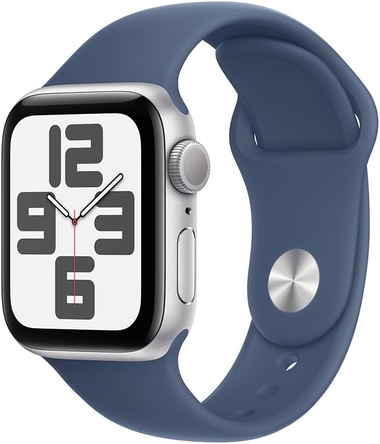Apple Watch SE (2nd Gen) [GPS 40mm] Smartwatch with Silver Aluminum Case with Denim Sport Band, S/M (Renewed)