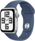 Apple Watch SE (2nd Gen) [GPS 40mm] Smartwatch with Silver Aluminum Case with Denim Sport Band, S/M (Renewed)