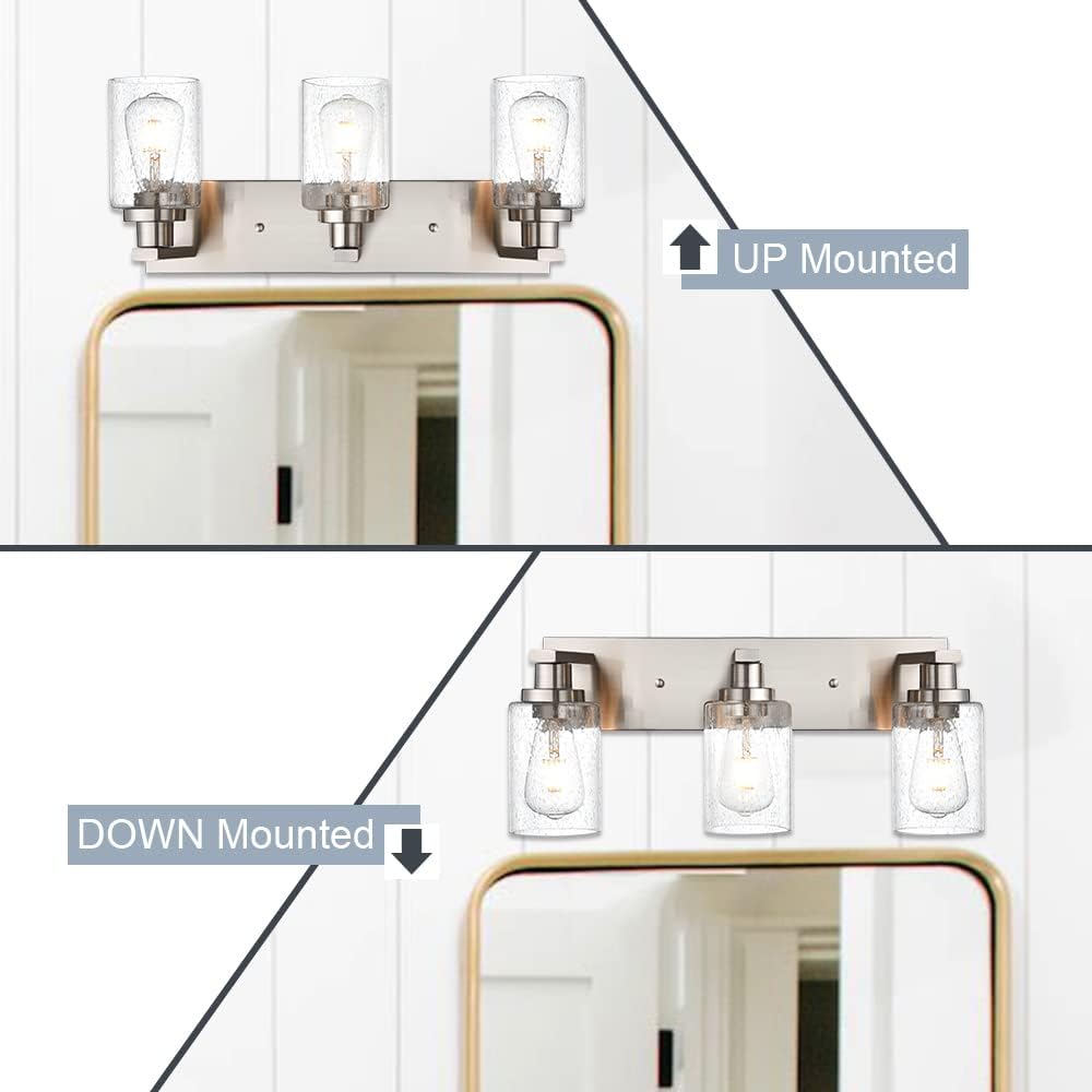 Brushed Nickel Bathroom Vanity Light Over Mirror, 3-Lights Metal Wall Lighting Fixtures with Seeded Glass Shades