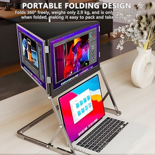 1080P Tri-Fold Laptop Extended Monitor,15.in Laptop Screen Extender Monitor,1-Cable Connection,for Win Mac Chrome Android Switch
