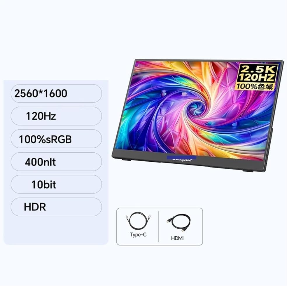 Portable Monitor for Laptop 2.5K 16-inch 120Hz Portable Display for Laptops, Mobile Phones, and Extended Secondary Screens Portable Gaming Monitor