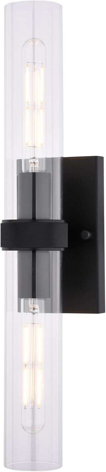 VAXCEL Bari 2-Light 4.5 in. Wide Matte Black Contemporary Wall Sconce, Clear Glass Shade, Dimmable, LED Compatible, Vertical or Horizontal Mount, Steel Bathroom Vanity Lighting Fixture