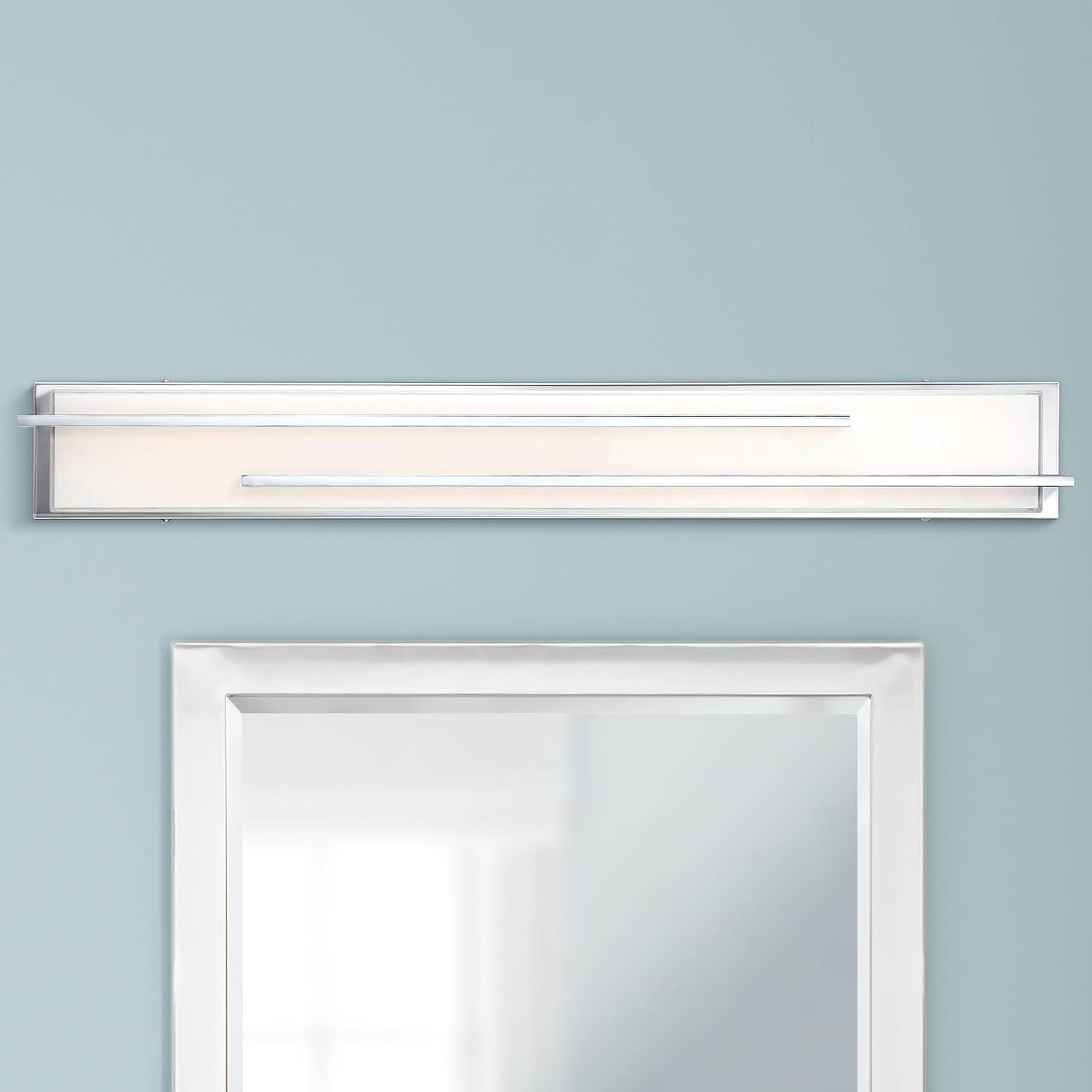 Possini Euro Design Jada Modern Wall Mount Light LED Chrome Silver Hardwired 33 3/4' Wide Light Bar Fixture Rectangular White Glass Shade for Bathroom Vanity Mirror House Home Room Decor