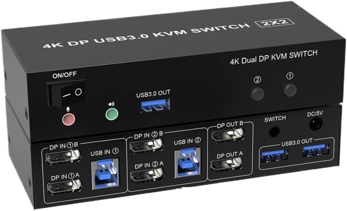 Dual Monitor KVM Switch,DisplayPorts 4K@60Hz DP 1.2 KVM Switch for 2 Computers Share 2 Monitors and 3 USB 3.0 Ports/Audio/Mic(AU Plug Adapter)