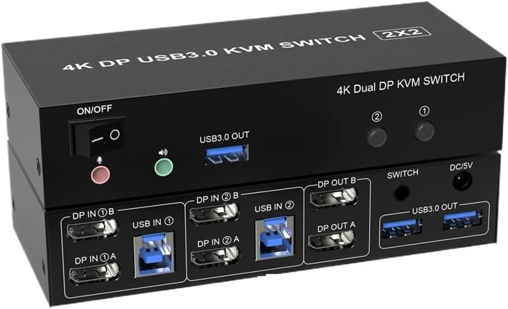 Dual Monitor KVM Switch,DisplayPorts 4K@60Hz DP 1.2 KVM Switch for 2 Computers Share 2 Monitors and 3 USB 3.0 Ports/Audio/Mic(US Plug Adapter)