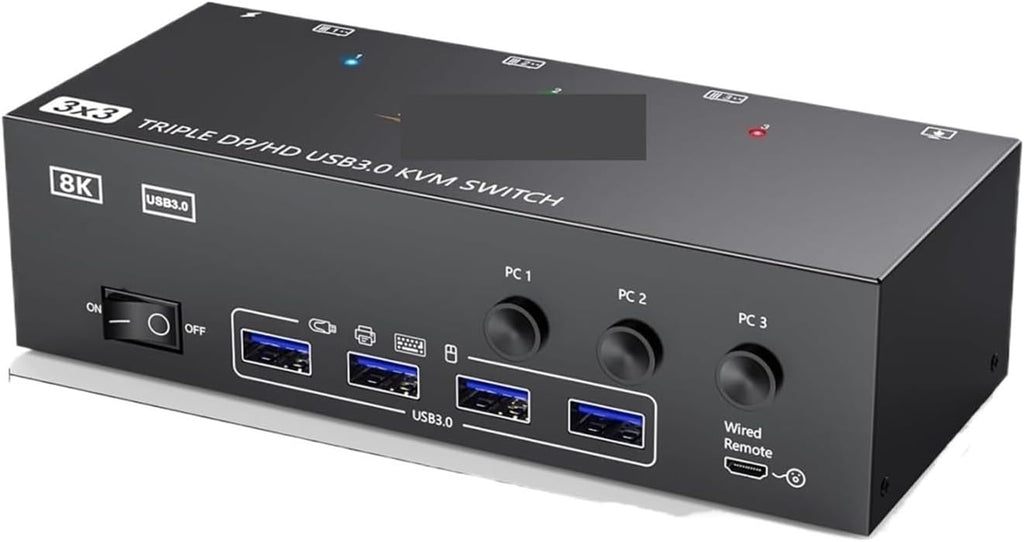 2 Displayport + HDMI USB 3.0 KVM Switch 3 Monitors 3 Computers 8K@60Hz 4K@144Hz Triple Monitor KVM with 4 USB 3.0 Ports(with EU Plug)