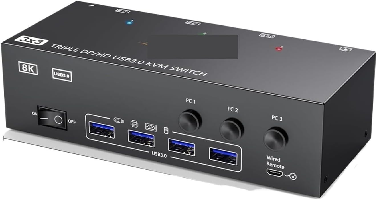2 Displayport + HDMI USB 3.0 KVM Switch 3 Monitors 3 Computers 8K@60Hz 4K@144Hz Triple Monitor KVM with 4 USB 3.0 Ports(with AU Plug)