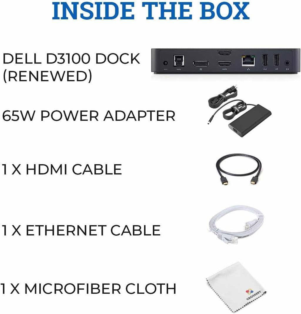 Dell D3100 Docking Station Bundle - Dual Monitor USB 3.0 Ultra HD/4K Support - Includes HDMI Cable, 65W Power Adapter, Ethernet Cable & Microfiber Cleaning Cloth (Renewed)