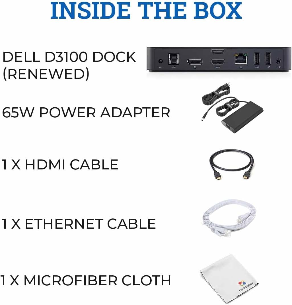 Dell D3100 Docking Station Bundle - Dual Monitor USB 3.0 Ultra HD/4K Support - Includes HDMI Cable, 65W Power Adapter, Ethernet Cable & Microfiber Cleaning Cloth (Renewed)
