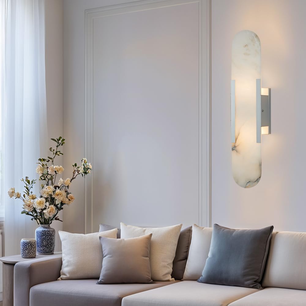 20 Inch Alabaster Wall Sconce, Natural Marble Vanity Light, Unique Natural Stone Texture Light with Premium Metal, White Stone Wall Mount Lamp for Bathroom, Bedroom, Living Room (Brushed Nickel)