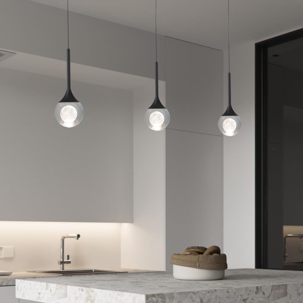 2 Pack Modern Crystal Moon Pendant Lights, Dimmable Natural White (3000K) LED Black Hanging Light Fixture for Kitchen Island, Dining Room, Bar, Bedroom