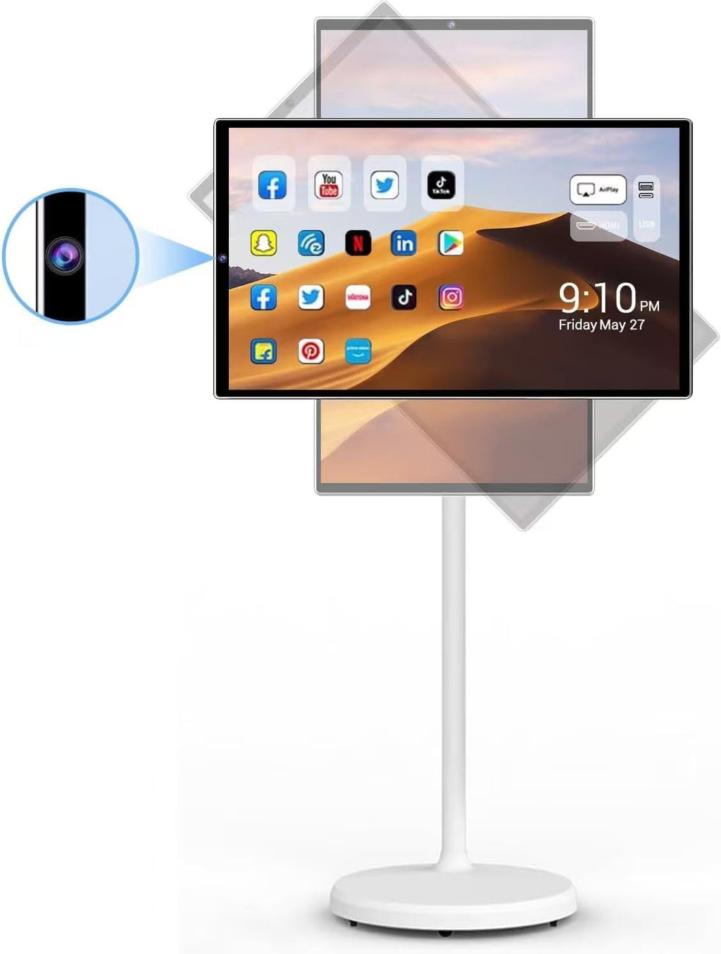 22 Inch 1080p Portable tv Built-in Camera, Portable Touch Screen Monitor Rollable Tablet TV, Wireless TV on Wheels Touchscreen Battery(6-8H) (Upgraded Version - Supports Scalability)
