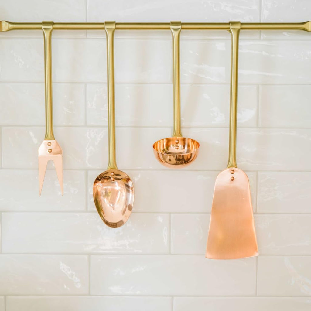 Copper Kitchen Utensils Set with Holder - Cooking Utensils Set Includes Spoon Ladle, Spatula, Fork and Small Ladle - Doubles as a Wall Decor - Perfect Wall Art Aesthetic for Cooking Enthusiasts