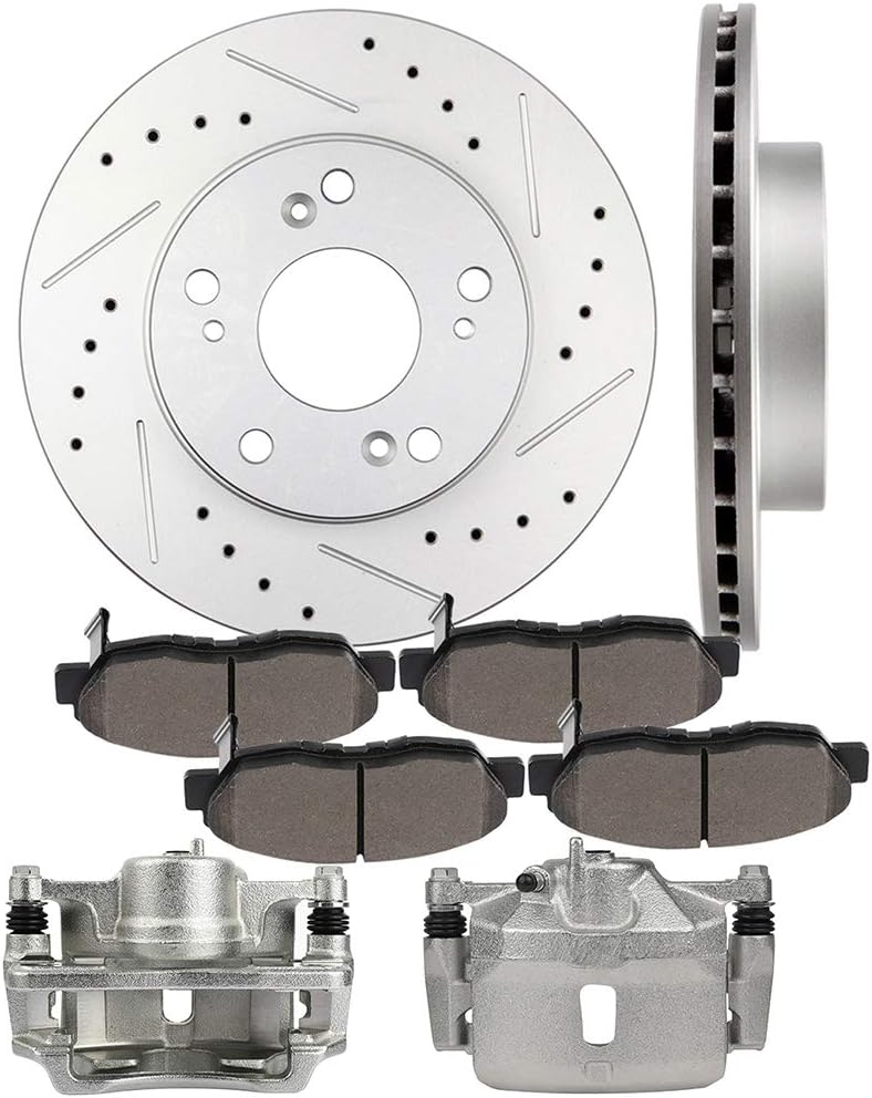 cciyu Front Left & Right Disc Brake Kits with Brake Calipers - 2 Brake Rotors 4 Ceramics Pads 2 Calipers With Bracket 2006-2011 For Honda For Civic