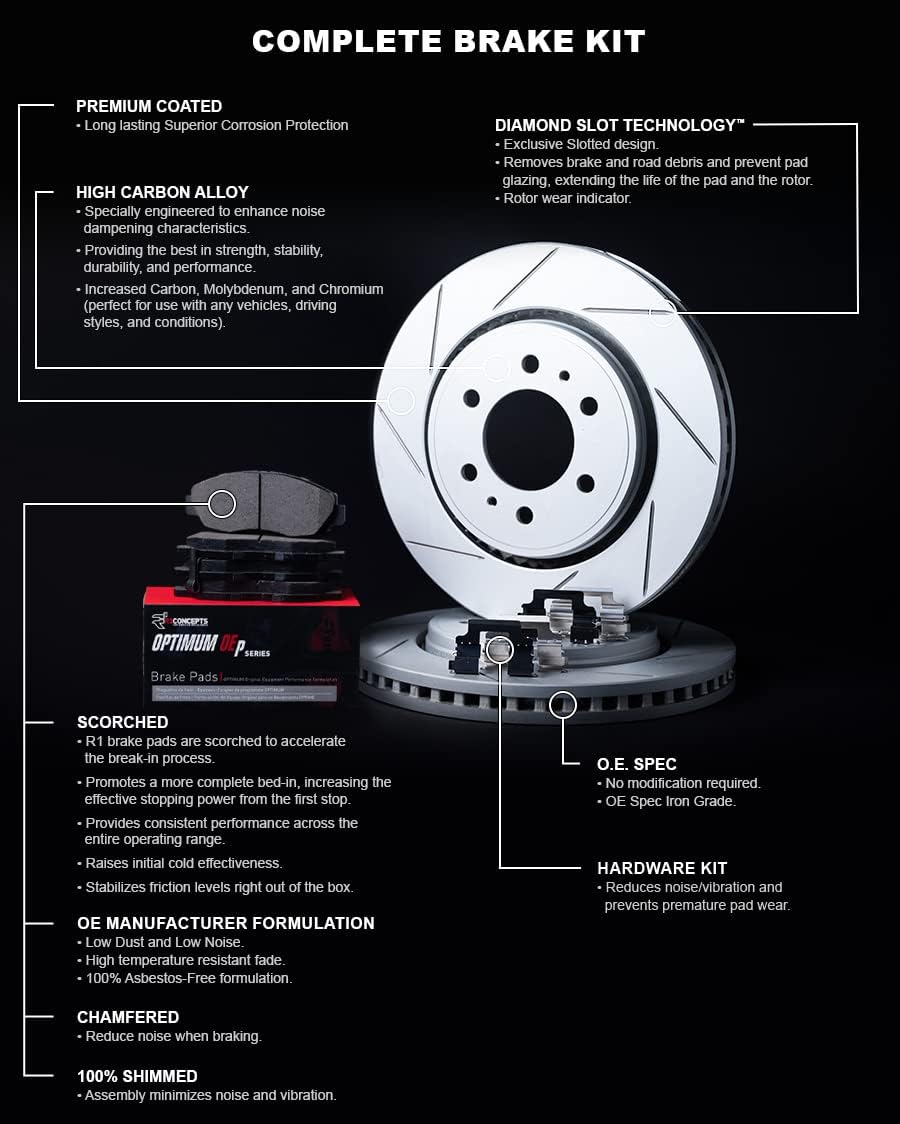 R1 Concepts Front Brake Kit Fits 2006-2011 Honda Civic| Optimum Oep Pads, Slotted Rotors| Hardware| 10.3' Front