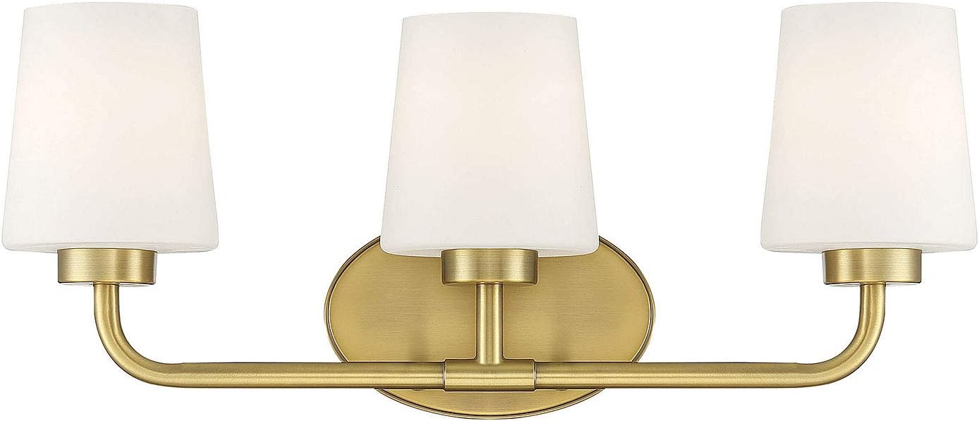 Savoy House 8-4090-3-322 Capra Mid-Century Modern White Opal Glass Bathroom Vanity Wall Light, 3-Light 180 Total Watts, 9' H x 22' W, Warm Brass