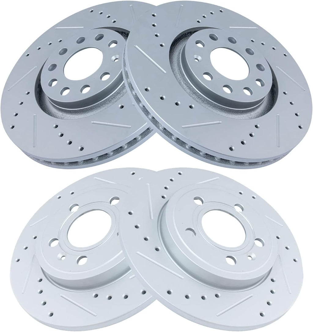 TRQ Performance Front and Rear Brake Rotor Set G Coated Drilled and Slotted Compatible with 2005-2009 Audi A4 A4 Quattro