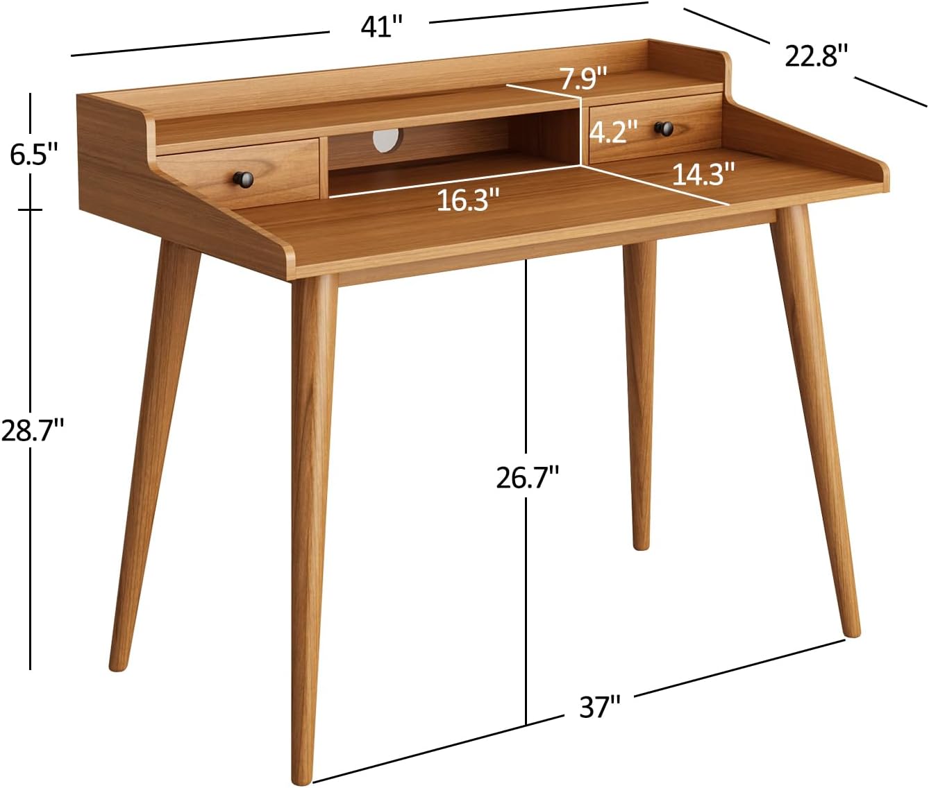 Mid Century Modern Desk, 41' Wood Home Office Writing Computer or Laptop Desk with Monitor Stand Riser and Open Storage Cubby, Vanity Desk with 2 Drawers