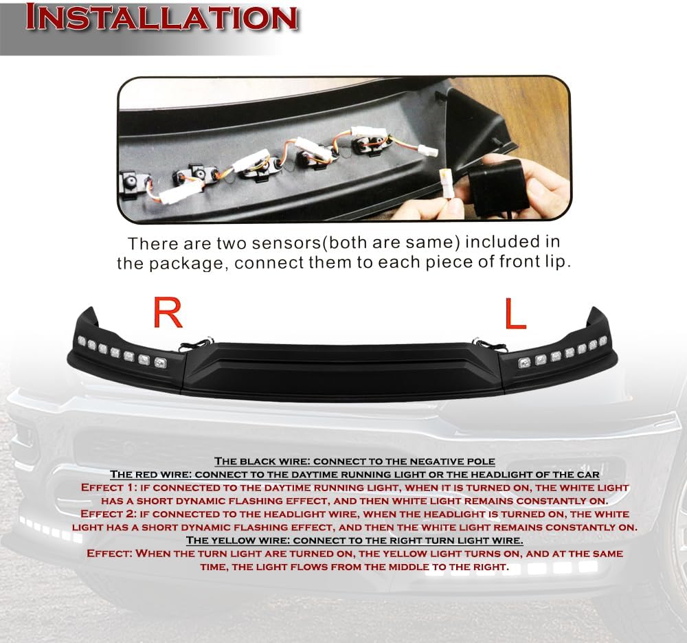 Stay-Tuned, Unpainted Black ABS Plastic Front Bumper Lip Spoiler Body Kit+LED Sequential Running Lights, Fit for 2019-2024 Dodge Ram 1500, Auto Exterior Accessory, 3PC (+Running Light)