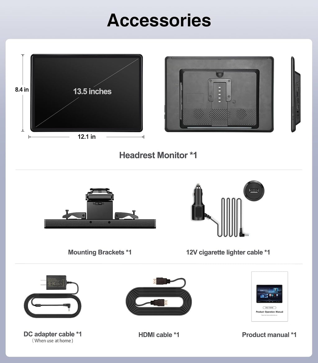 13.5' Android 13 Car Headrest Monitor-4G+64G 4K Car TV for Back Seat, Wireless Phone Mirroring, HDMI in/Out Sync, Bluetooth FM WiFi, Rear Seat Entertainment System (1-Pack)