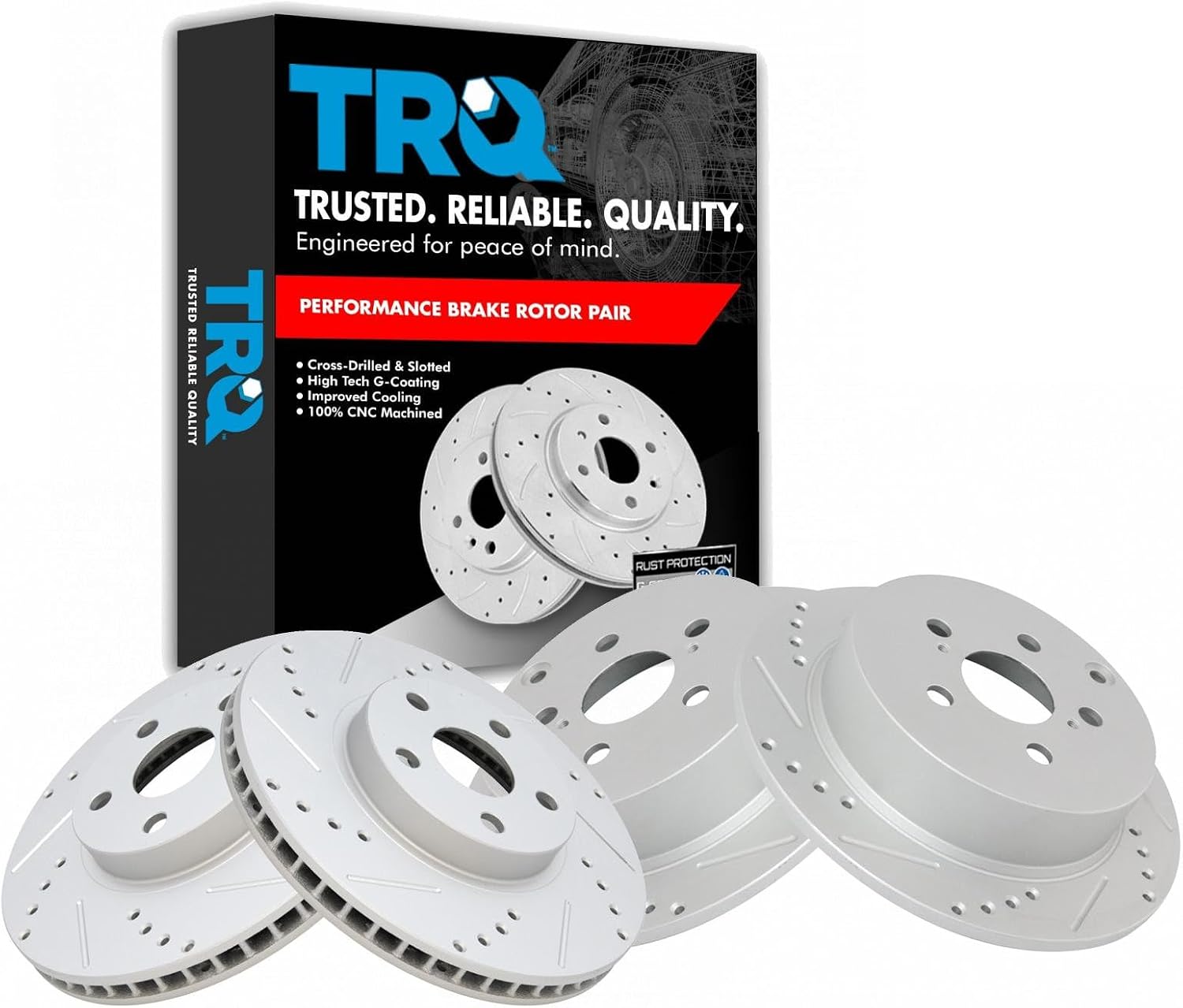 TRQ Front & Rear Brake Rotors Set Performance Premium G-Coated Slotted X Drilled Compatible with 2005-2010 Scion tC
