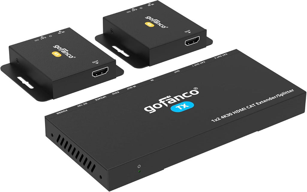 gofanco 4K 1x2 HDMI Extender Splitter Over CAT6/7 – 131ft (40m) at 4K 30Hz, 230ft (70m) at 1080p, HDCP 1.4, Poc, IR, HDMI Loopout, RS232 Control, Surge/Lightning/ESD Protection (HD14Ext-2P v2.0)
