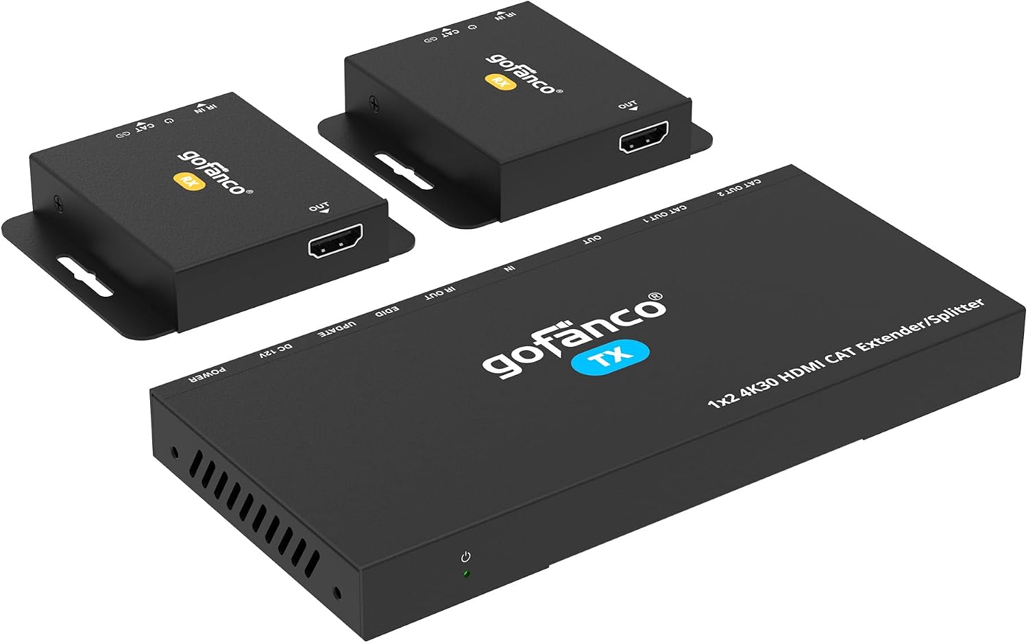 gofanco 4K 1x2 HDMI Extender Splitter Over CAT6/7 – 131ft (40m) at 4K 30Hz, 230ft (70m) at 1080p, HDCP 1.4, Poc, IR, HDMI Loopout, RS232 Control, Surge/Lightning/ESD Protection (HD14Ext-2P v2.0)