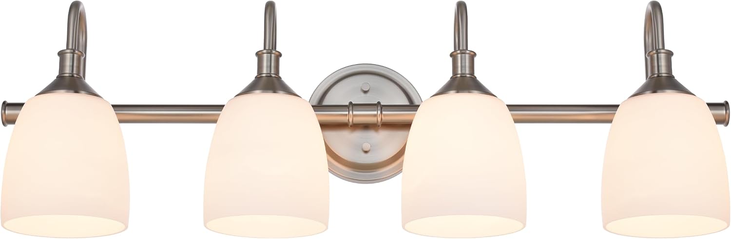 4-Light Bathroom Vanity Light Fixtures Over Mirror, Vintage Vanity Lights for Living Room, Milk White Glass Shades, Standard E26 Base, Brushed Nickel