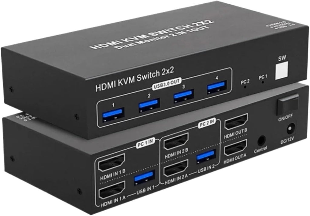 USB 3.0 KVM Switcher Extended Display Dual Monitor HDMI KVM Switch 2x2 4K 60Hz HDMI Displayport for 2 PC Share Mouse Keyboard(HDMI DP 2X2,AU Power Supply)