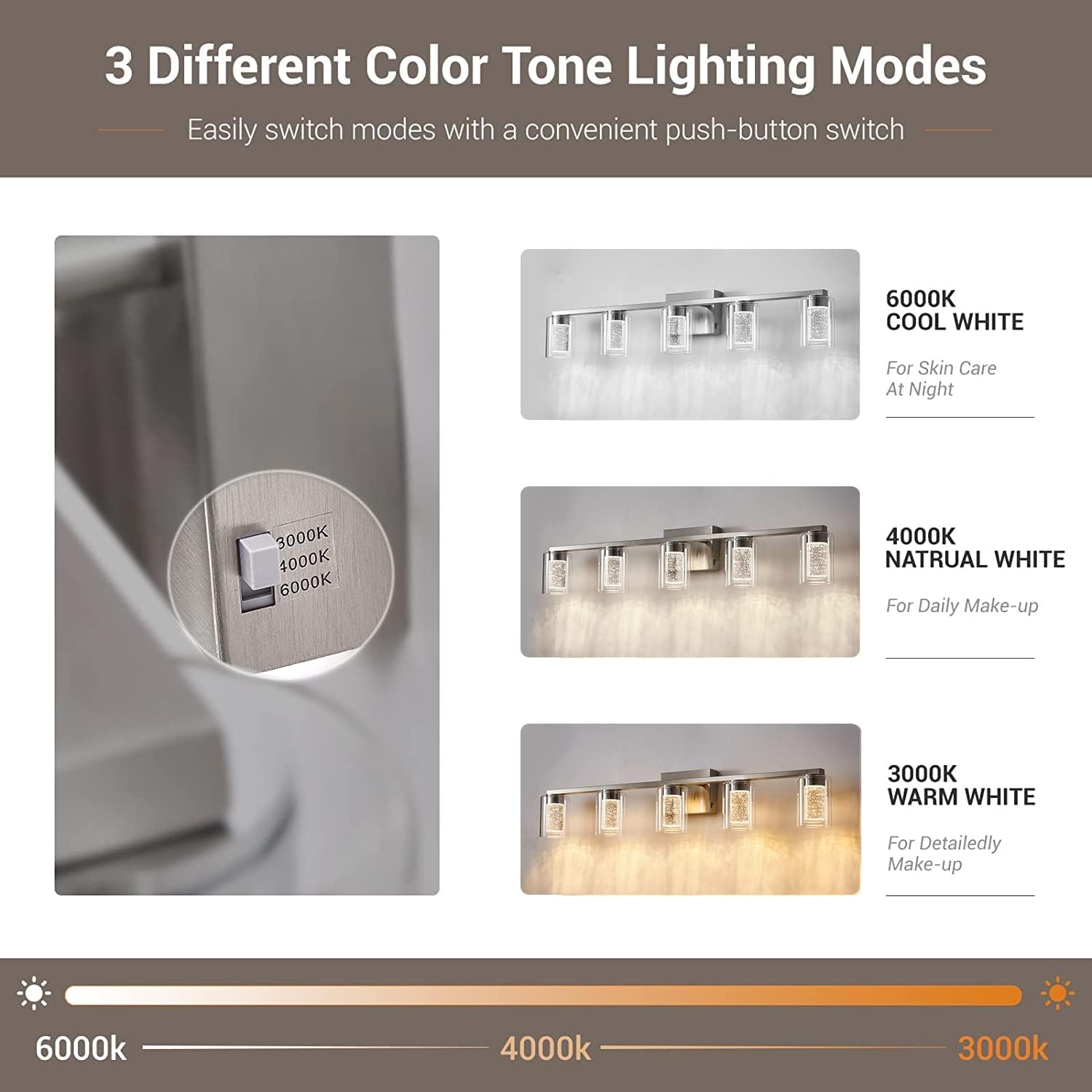 Bathroom Light Fixtures, 5 Light Brushed Nickel Bathroom Vanity Light Over Mirror, 3 Color LED Vanity Lights with Crystal Bubble Glass, Dimmable Wall Sconce Lighting for Bathroom，Living Room