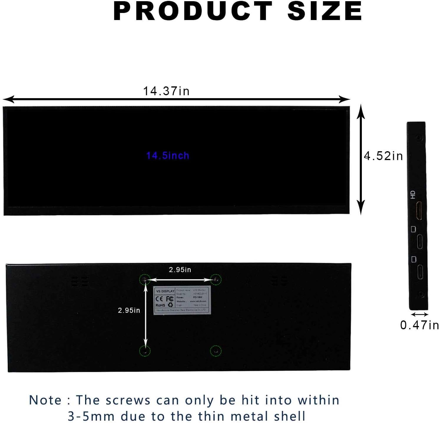Portable Wide Bar Touch Monitor,14.5 inch 2560x720 2K 350nit IPS LCD Monitor,Type USB C Video Input,Metal Shell, Built in Dual Speakers