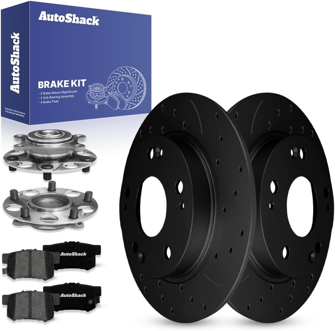 AutoShack Rear Brake Rotors, Premium Pads & Hub Bearing Assemblies for Honda, Civic 2006-2011, FWD L4 1.8L 2.0L - E-Coated Drilled & Slotted - Black Finish - NightGuard - 10.24' (260 mm), 5-Lug