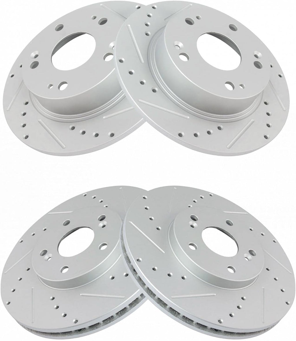TRQ Performance Front and Rear Brake Rotor Set G Coated Drilled and Slotted Vented Solid Compatible with 2003-2007 Honda Accord 2004-2008 Acura TSX