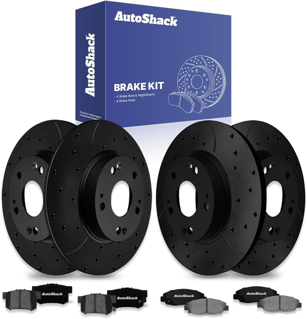 AutoShack Front & Rear Brake Rotors & Premium Pads for Honda, Civic 2006-2011, FWD L4 1.8L - E-Coated Drilled & Slotted - Black Finish - NightGuard