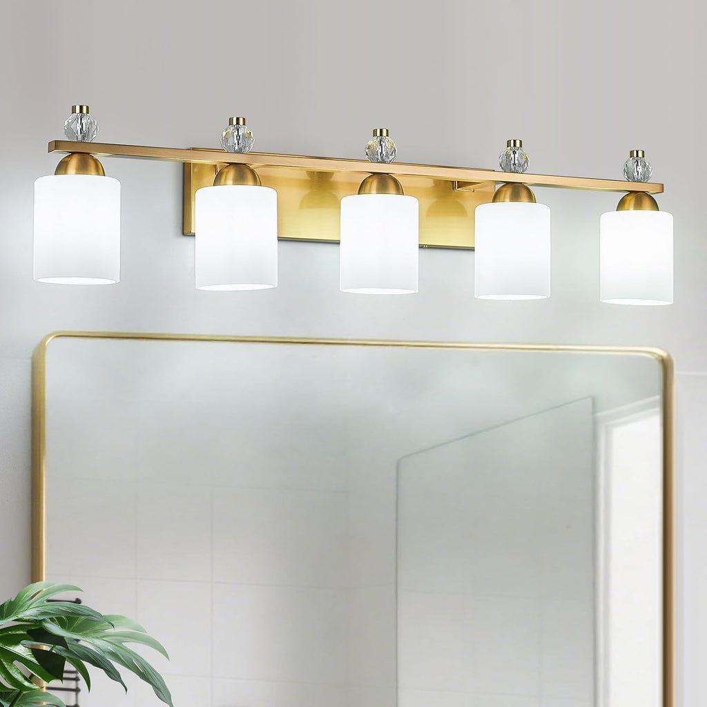 White Glass Bathroom Vanity Light 5 Light Mid Century Gold Bathroom Lighting Fixtures Over Mirror Modern Vanity Lighting Wall Mount for Bathroom Mirror Hallway(Bulbs Not Included)