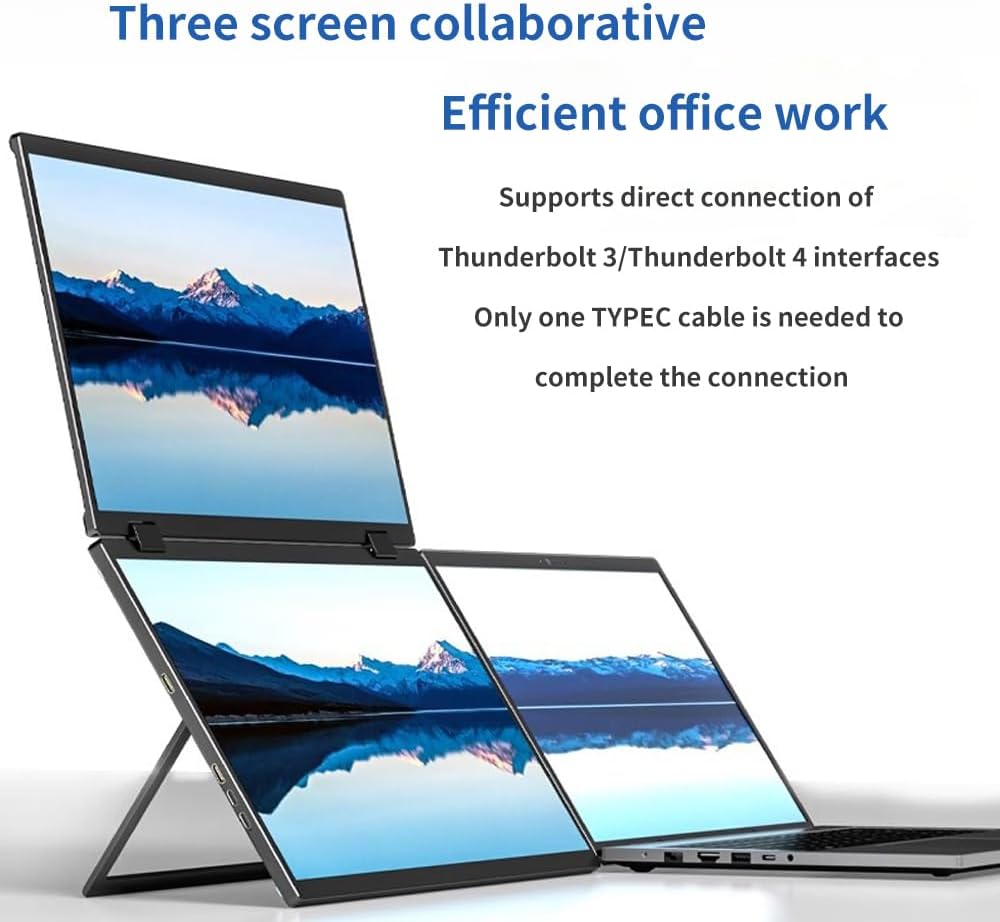 Triple Laptop Screen Extender, 15.6' 1080P FHD IPS Folding Stacked Portable Dual Monitor, USB C Travel Extended Computer Display w/VESA, 180°Rotation, Plug & Play for Laptops (Wins Only)