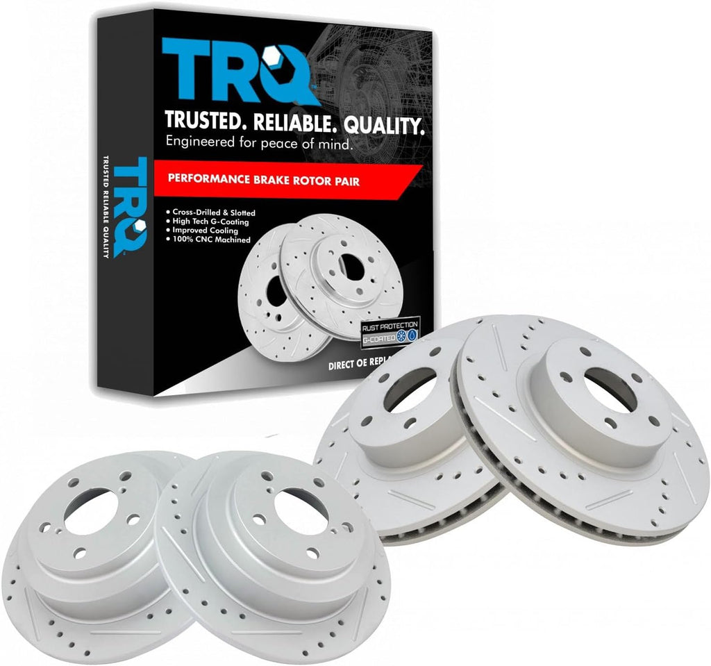 TRQ Performance Front and Rear Brake Rotor Set G Coated Drilled and Slotted Vented Solid Compatible with 2005-2006 Saab 9-2X 1998-2002 Subaru Forester 1997-2007 Impreza 1995-1999 Legacy