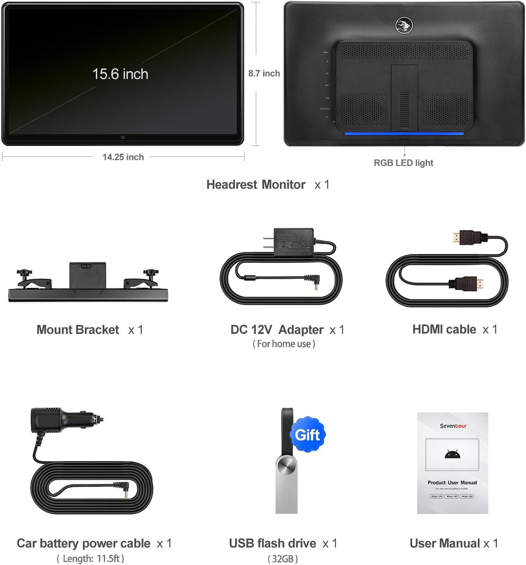15.6 inch 4K Android Car TV Headrest Monitor for Cars Back seat Rear Entertainment System, Support Wireless Phone Link Touch Screen,with WiFi/Bluetooth/HDMI/USB/Video Player 4G+64G (1*PCs)