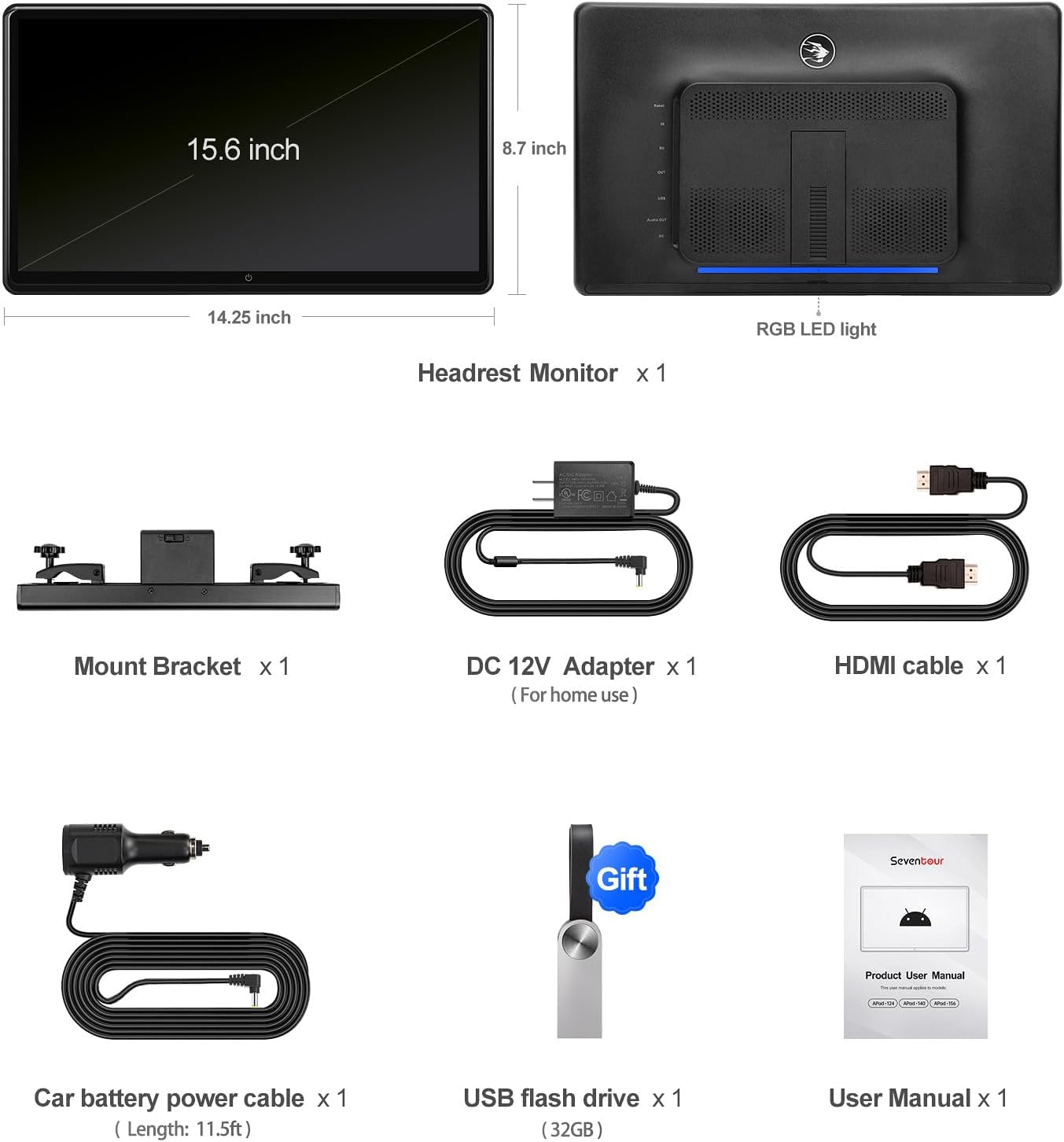15.6 inch 4K Android Car TV Headrest Monitor for Cars Back seat Rear Entertainment System, Support Wireless Phone Link Touch Screen,with WiFi/Bluetooth/HDMI/USB/Video Player 4G+64G (1*PCs)