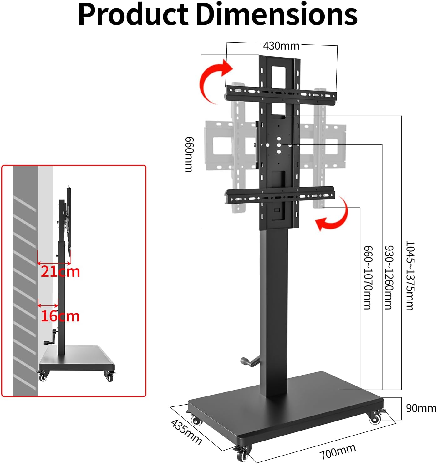 Mobile TV Cart Stand with Wheels for 32-80 Inch TVs,90°Landscape to Portrait Rotating,Manual Height Adjustable,Max VESA 600x400mm,Holds 110 Lbs,Mobile TV Cart Rolling TV Stand,XL-XZ08B