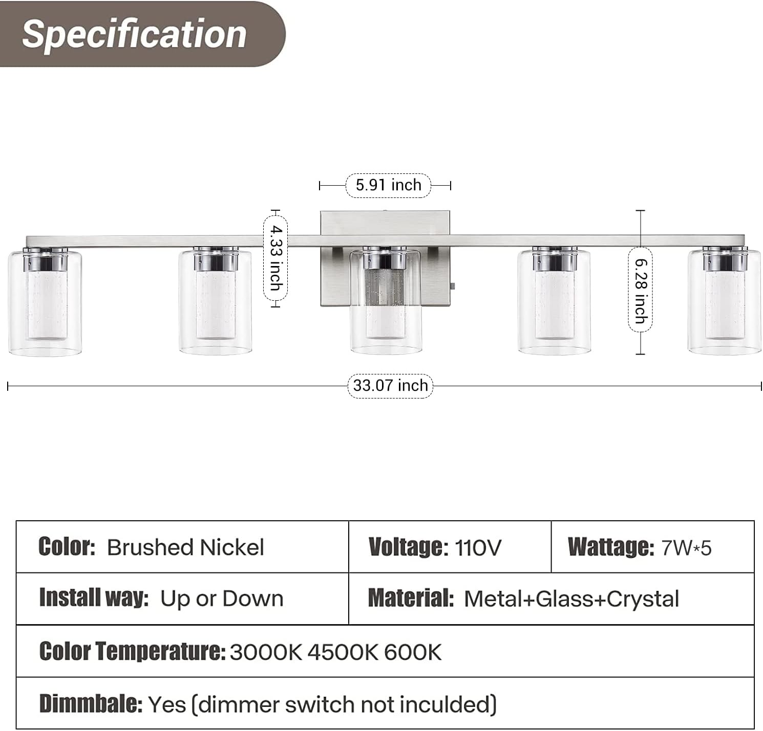 Bathroom Light Fixtures, 5 Light Brushed Nickel Bathroom Vanity Light Over Mirror, 3 Color LED Vanity Lights with Crystal Bubble Glass, Dimmable Wall Sconce Lighting for Bathroom，Living Room