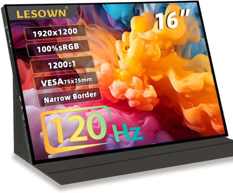 Portable Monitor 16 inch 1920x1200 ADS USB-C HDMI 400Nits High Brightness 120Hz Gaming Ultra Wide Display with Speakers External Monitor for Laptop PC Phone Mac (1200p 120Hz No Touch)
